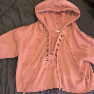Peach pink v neck adjustable cropped hoodie